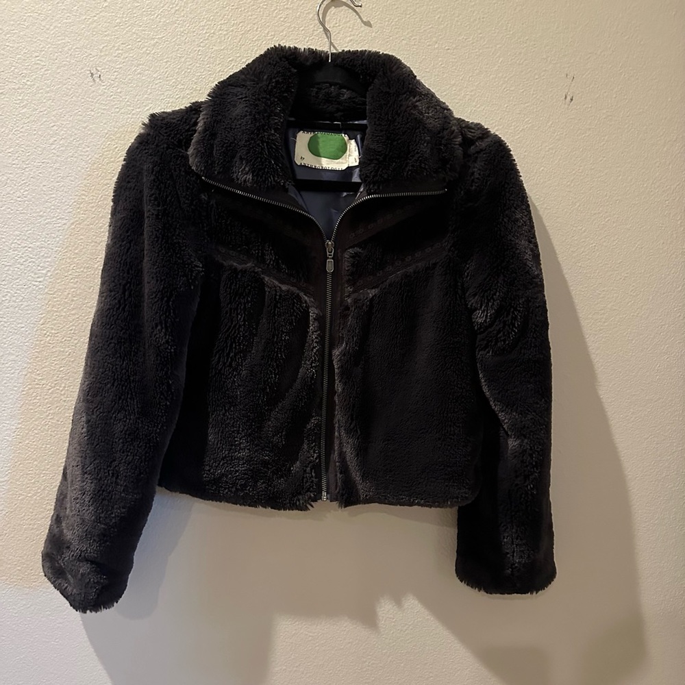 Anthropologie Brown Cropped Faux Fur Jacket  | XS Petite